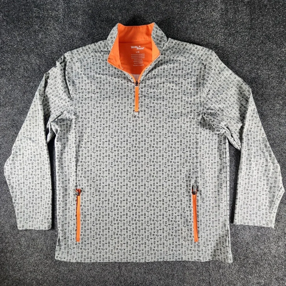Birdie Bound Mens Large Quarter Zip Pullover Gray Orange Cocktail Print Golf L